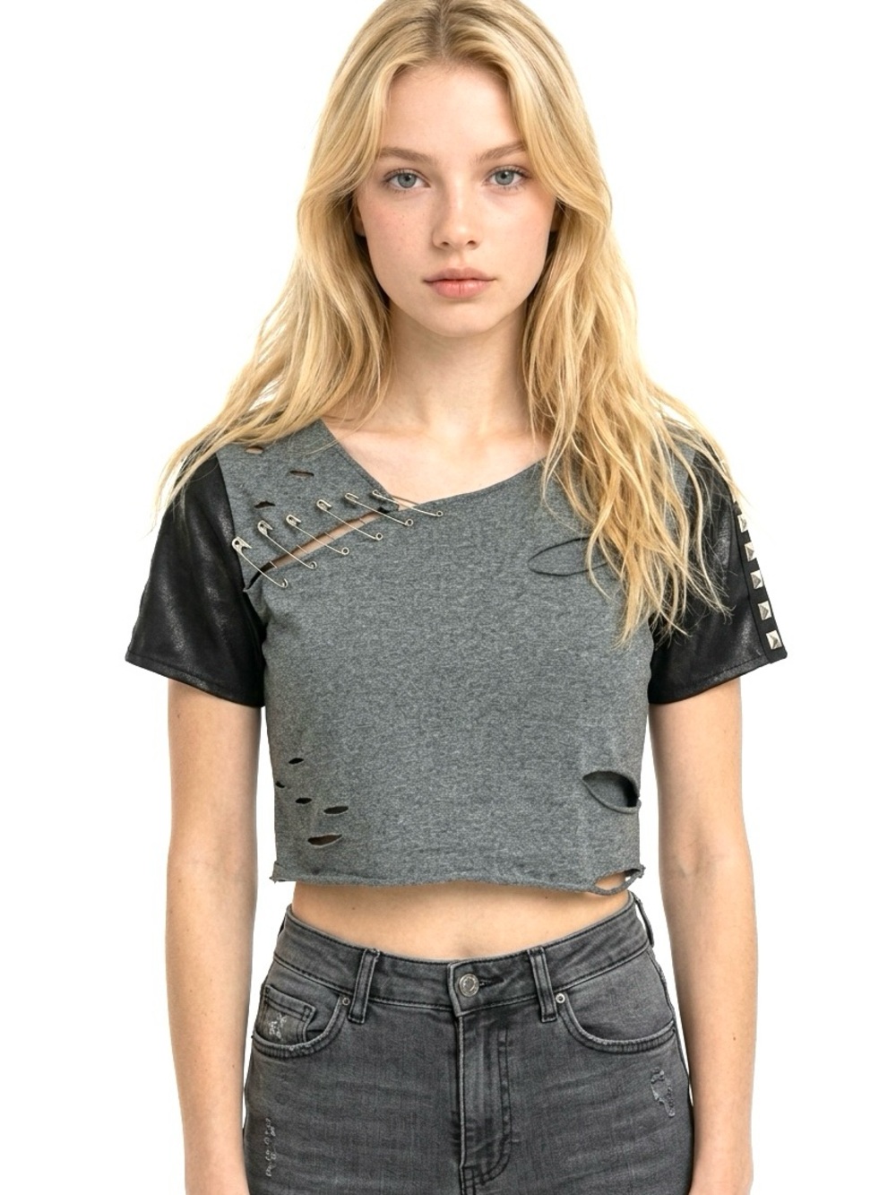 Spirit Grey Crop Top with Black Faux Leather Sleeves
